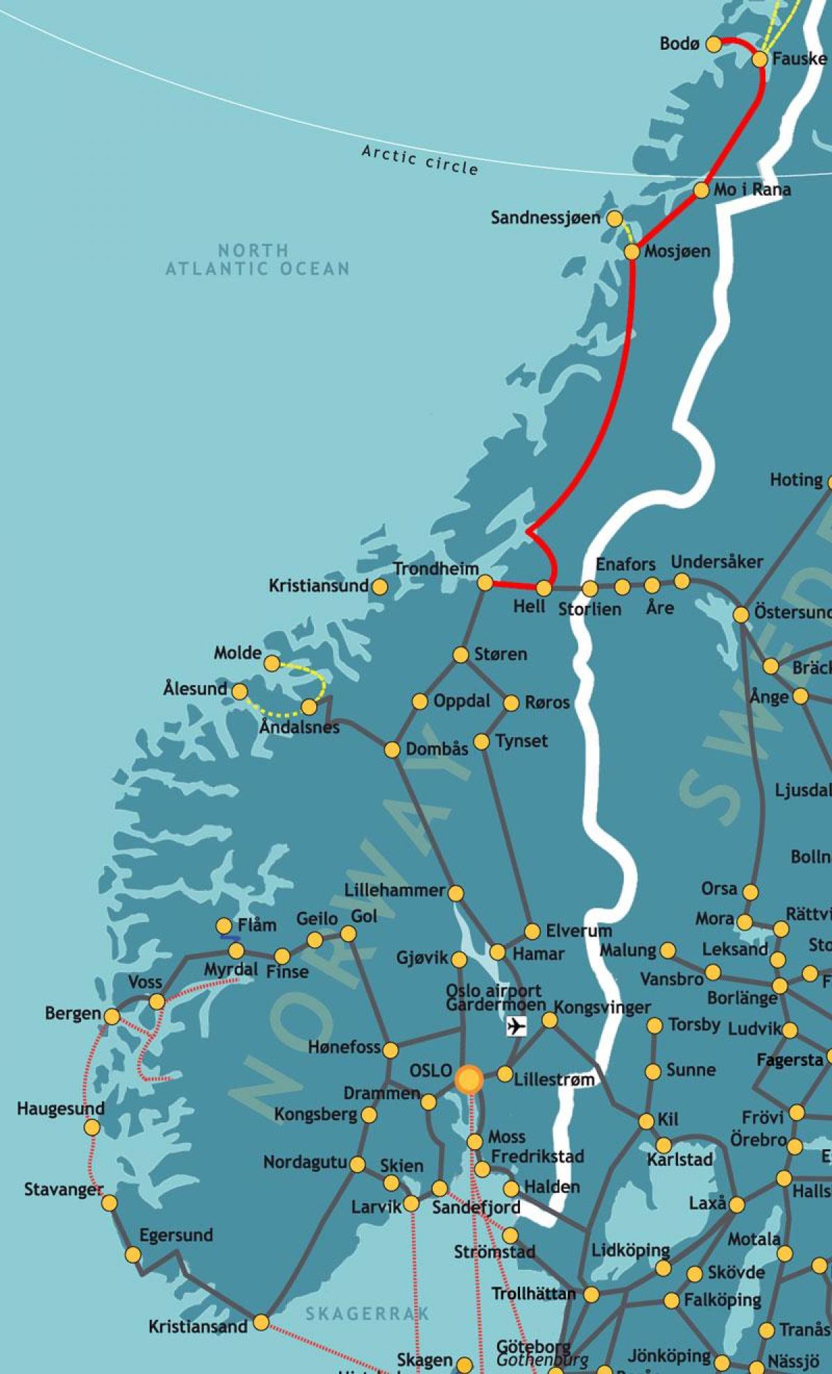 Peta dari Norwegia utara kereta api