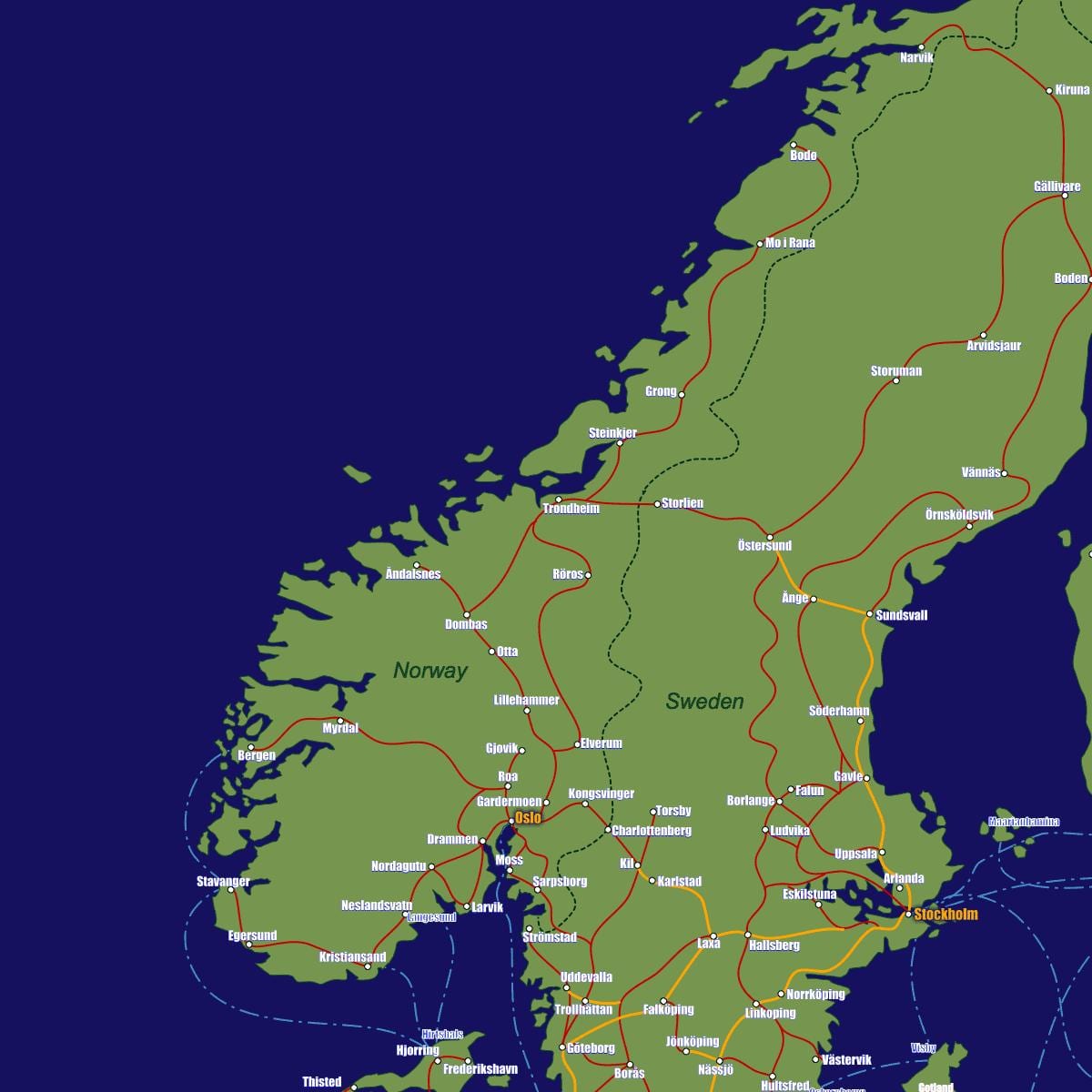 Peta dari Norwegia rute kereta api