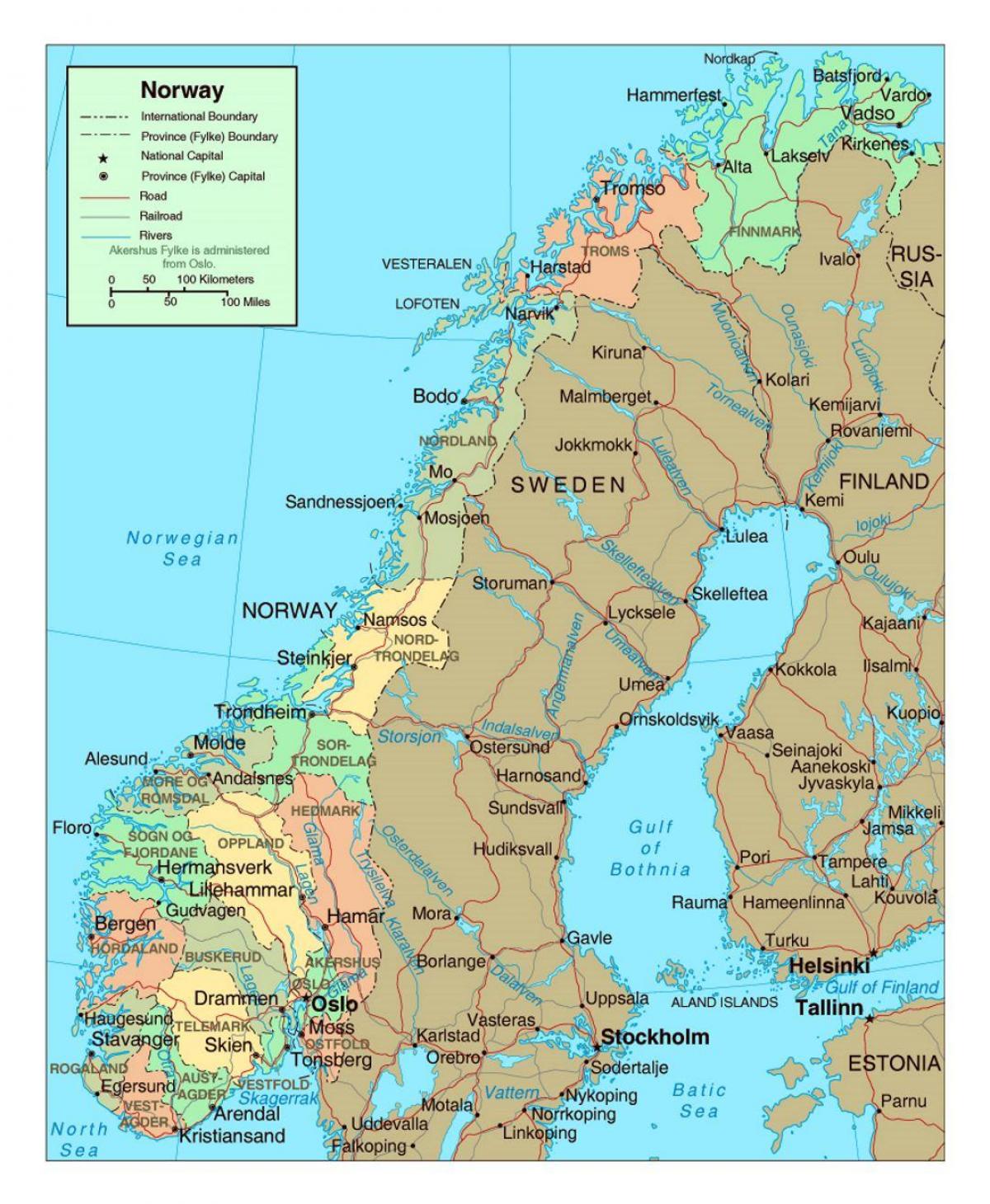 peta jalan dengan kota-kota Norwegia